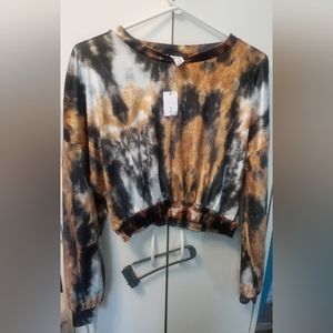 Top Shop, womens long sleeve velvet top. Size 6. Copper, black, and white.